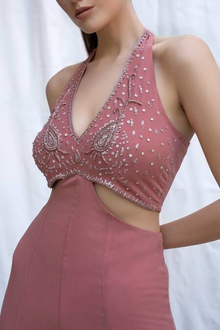 Shop Amrta By Guneet Kondal Pink Viscose Beads, Sequins Halter Neck Bailey Embroidered Jumpsuit Online at Aza Fashions Shop_Amrta By Guneet Kondal_Pink Viscose Beads, Sequins Halter Neck Bailey Embroidered Jumpsuit _Online_at_Aza_Fashions