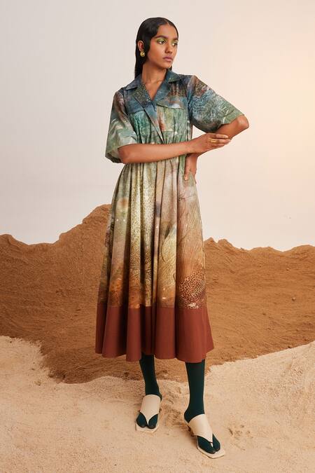 Shop_Cord_Blue Cotton Collared Underwater Print Dress_Online_at_Aza_Fashions