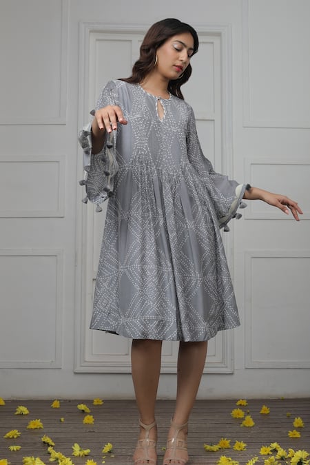 Myoho_Grey Cotton, Silk Round Neck Dotted Tribal Pattern Dress _Online_at_Aza_Fashions