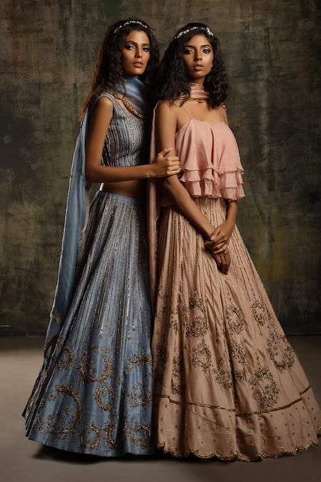 Mona And Vishu Blue Lehenga And Blouse Dupion Silk Dupatta Linear Floral Embroidered Set at Aza Fashions Mona And Vishu_Blue Lehenga And Blouse Dupion Silk Dupatta Linear Floral Embroidered Set _at_Aza_Fashions