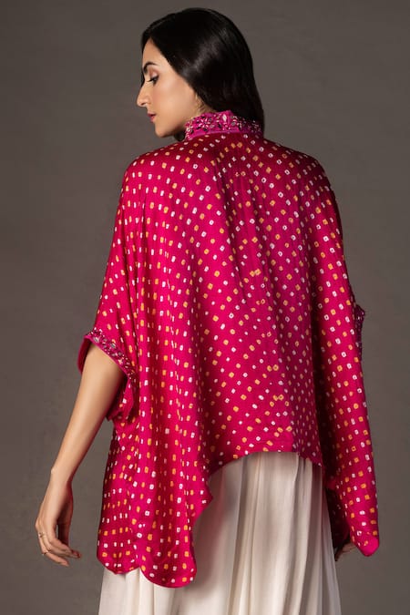 Shop Twenty Nine Pink Gajji Silk High Neck Collar Asymmetric Bandhani Top at Aza Fashions Shop_Twenty Nine_Pink Gajji Silk High Neck Collar Asymmetric Bandhani Top _at_Aza_Fashions