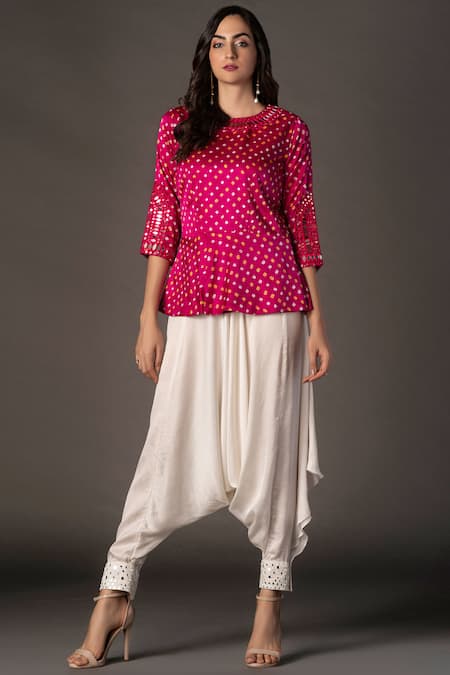 Twenty Nine Pink Gajji Silk Round Bandhani Peplum Top 