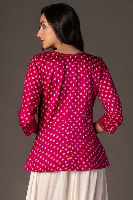 Shop Twenty Nine Pink Gajji Silk Round Bandhani Peplum Top at Aza Fashions Shop_Twenty Nine_Pink Gajji Silk Round Bandhani Peplum Top _at_Aza_Fashions