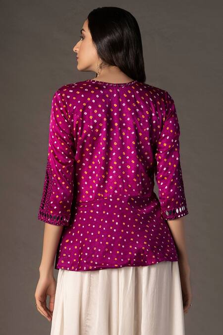 Shop Twenty Nine Purple Gajji Silk Round Bandhani Peplum Top at Aza Fashions Shop_Twenty Nine_Purple Gajji Silk Round Bandhani Peplum Top_at_Aza_Fashions