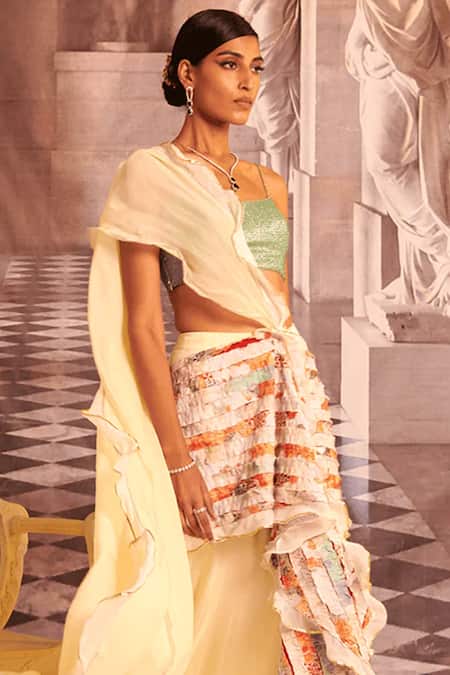 Shop_Gauri Dhawan_Yellow Cotton, Organza Fringe Gaia Pre-draped Saree_Online_at_Aza_Fashions