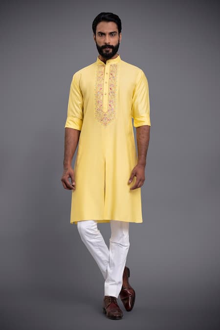 Raghavendra Rathore Jodhpur Yellow Silk Embroidery Thread Kurta