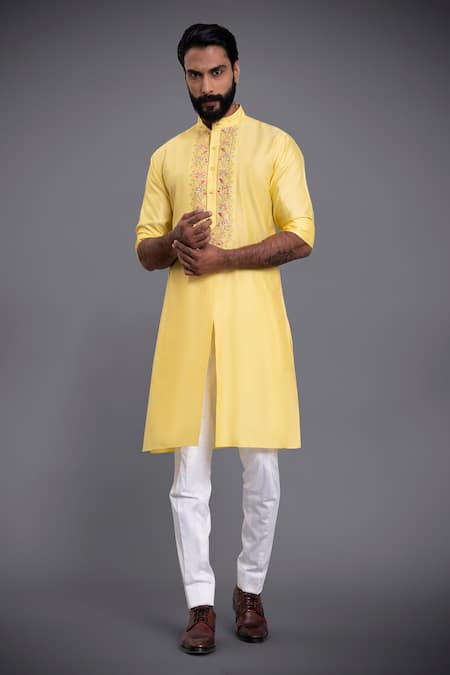 Raghavendra Rathore Jodhpur_Yellow Silk Thread Embroidered Kurta _Online_at_Aza_Fashions