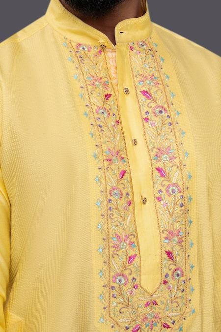 Buy_Raghavendra Rathore Jodhpur_Yellow Silk Thread Embroidered Kurta _Online_at_Aza_Fashions