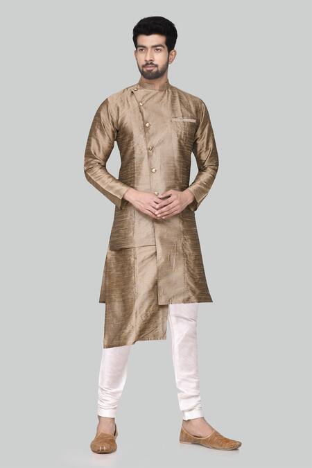Buy Arihant Rai Sinha Brown Dupion, Silk Asymmetric Overlap Panel Kurta And Churidar Set at Aza Fashions Buy_Arihant Rai Sinha_Brown Dupion, Silk Asymmetric Overlap Panel Kurta And Churidar Set_at_Aza_Fashions