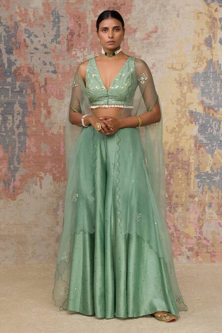 Buy_Devnaagri_Green Organza, Muskaish Chanderi, Woven V Neck Cape And Sharara Set _Online_at_Aza_Fashions