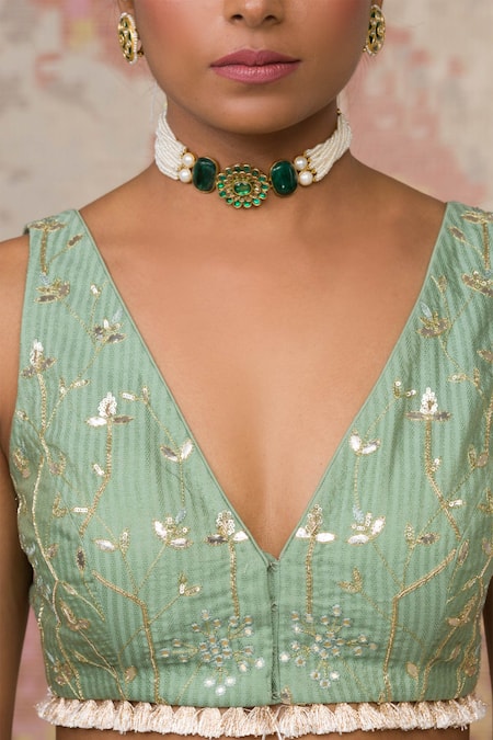 Devnaagri_Green Organza, Muskaish Chanderi, Woven V Neck Cape And Sharara Set _at_Aza_Fashions