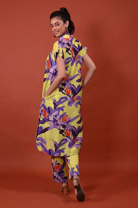 Rimi Nayak_Yellow Chanderi, Cotton Pine Flower Print Pant _Online_at_Aza_Fashions