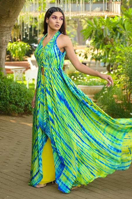 Buy_Disha Kahai_Multi Color Cotton Satin, Georgette Tie-dye Pattern Gathered Kurta And Palazzo Set_Online_at_Aza_Fashions