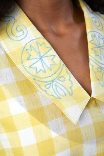 The Summer House Yellow Cotton Embroidery Collared Navvi Handwoven Dress at Aza Fashions The Summer House_Yellow Cotton Embroidery Collared Navvi Handwoven Dress_at_Aza_Fashions