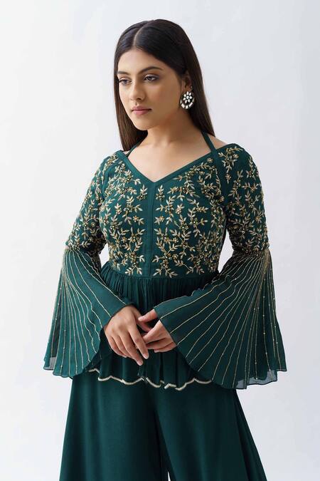 Buy_Suruchi Parakh_Green Georgette Crepe Lining Shantoon Cutdana And Sequin V Neck Tunic & Pant Set_Online_at_Aza_Fashions