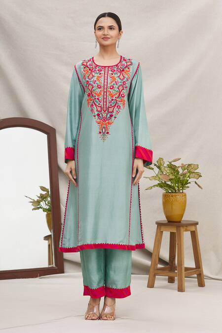 Buy_Ekta Singh_Blue Silk Round Panelled Kurta Set _Online_at_Aza_Fashions
