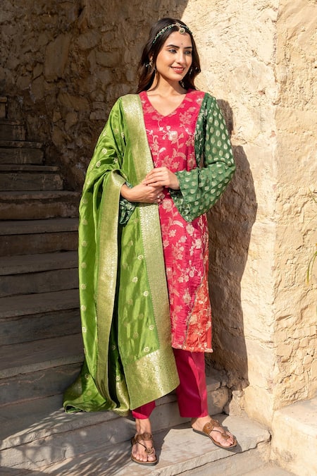 Inara Jaipur Pink Kurta Banarasi Brocade Pant Raw Silk With Attached Cotton Set 