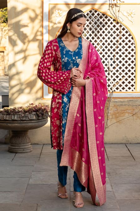 Inara Jaipur Blue Kurta Banarasi Brocade Pant Raw Silk With Attached Cotton Set 
