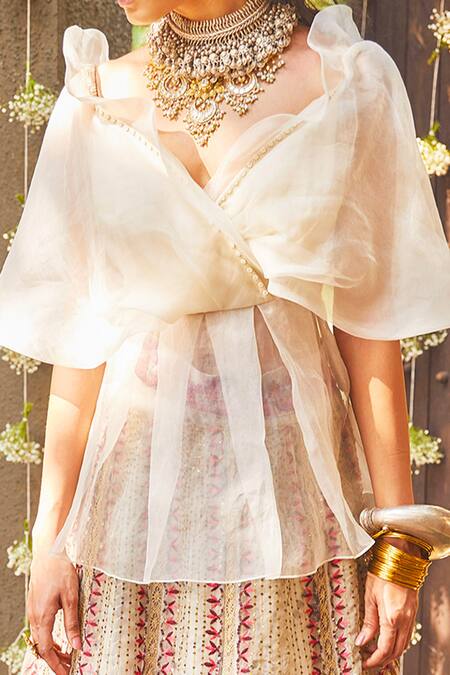 Buy Jade By Monica & Karishma Beige V Neck Embroidered Lehenga Set Online at Aza Fashions Buy_Jade By Monica & Karishma_Beige V Neck Embroidered Lehenga Set _Online_at_Aza_Fashions