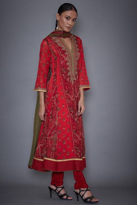 RI.Ritu Kumar_Red Block Printed Anarkali Set _Online_at_Aza_Fashions