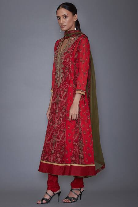Buy_RI.Ritu Kumar_Red Block Printed Anarkali Set _Online_at_Aza_Fashions