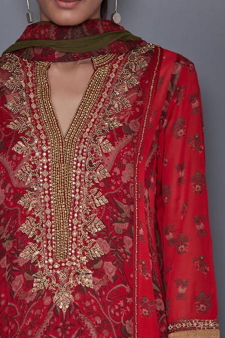 Shop_RI.Ritu Kumar_Red Block Printed Anarkali Set _Online_at_Aza_Fashions