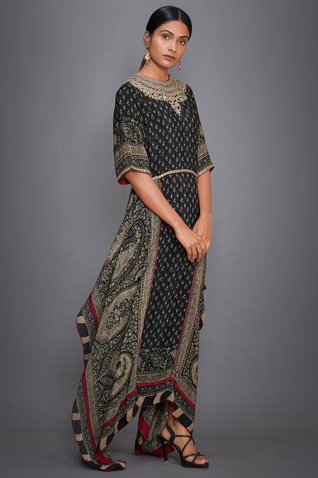 RI.Ritu Kumar_Black Asymmetric Embroidered Long Kurta_Online_at_Aza_Fashions