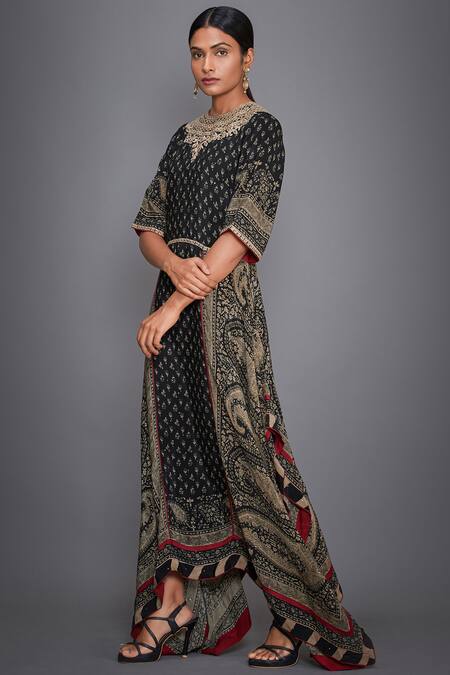 Buy_RI.Ritu Kumar_Black Asymmetric Embroidered Long Kurta_Online_at_Aza_Fashions