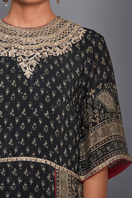 Shop_RI.Ritu Kumar_Black Asymmetric Embroidered Long Kurta_Online_at_Aza_Fashions