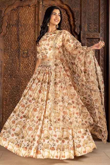 Inara Jaipur Cream Lehenga And Blouse Chanderi Dupatta Pure Organza Floral Round Print Set Online at Aza Fashions Inara Jaipur_Cream Lehenga And Blouse Chanderi Dupatta Pure Organza Floral Round Print Set_Online_at_Aza_Fashions