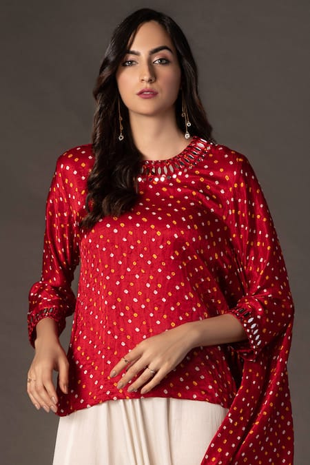 Buy_Twenty Nine_Red Gajji Silk Round Asymmetric Bandhani Top_Online_at_Aza_Fashions