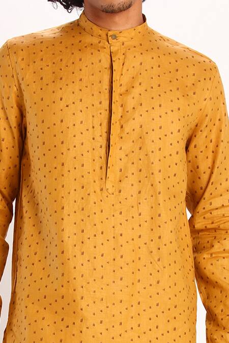 Buy_Son Of A Noble Snob_Yellow Linen Printed Short Kurta_Online_at_Aza_Fashions