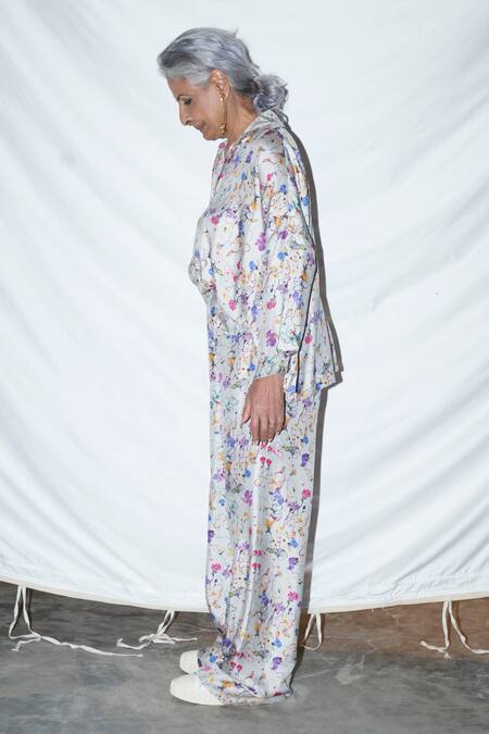 AK-OK White Silk Printed Shirt And Pant Set Online at Aza Fashions AK-OK_White Silk Printed Shirt And Pant Set_Online_at_Aza_Fashions