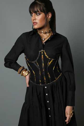 Shop_House Of Three_Black Embroidery Sheer Underbust Corset  _Online_at_Aza_Fashions