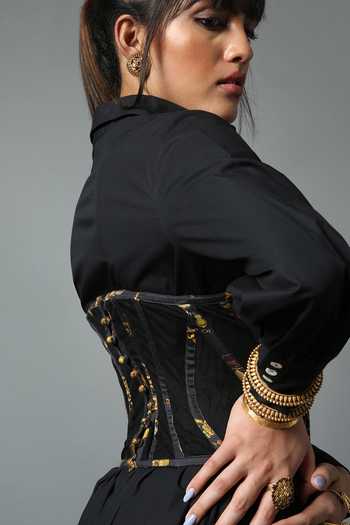 House Of Three_Black Embroidery Sheer Underbust Corset  _at_Aza_Fashions