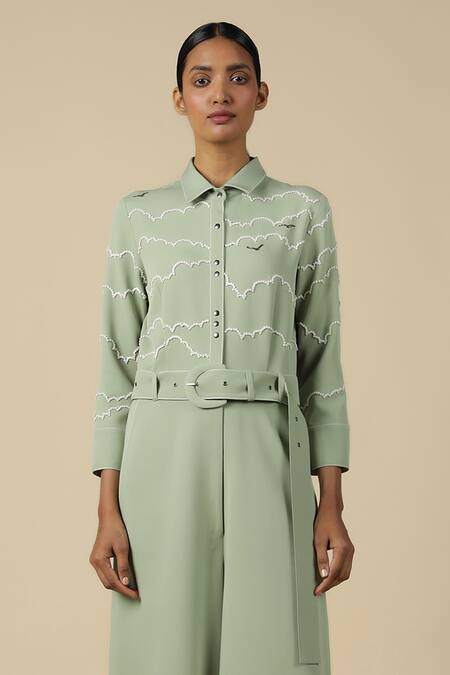 Shahin Mannan_Green Crepe Sequins Collared Cloud And Rainbow Embroidered Jumpsuit With Belt _Online_at_Aza_Fashions