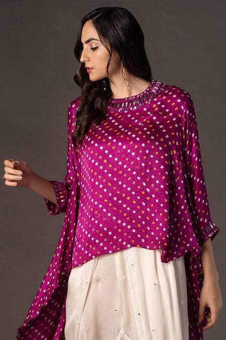 Twenty Nine Purple Gajji Silk Round Asymmetric Bandhani Top Online at Aza Fashions Twenty Nine_Purple Gajji Silk Round Asymmetric Bandhani Top _Online_at_Aza_Fashions