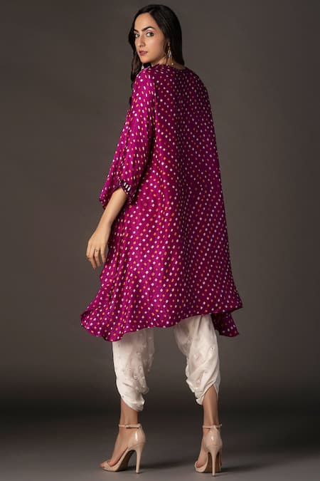 Shop Twenty Nine Purple Gajji Silk Round Asymmetric Bandhani Top at Aza Fashions Shop_Twenty Nine_Purple Gajji Silk Round Asymmetric Bandhani Top _at_Aza_Fashions