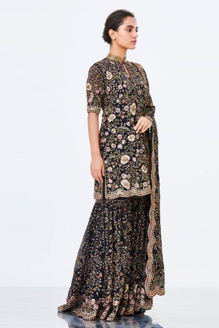 Nakul Sen_Black Floral Embroidered Kurta Sharara Set_Online_at_Aza_Fashions