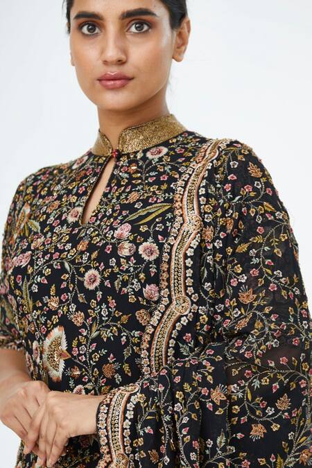 Buy_Nakul Sen_Black Floral Embroidered Kurta Sharara Set_Online_at_Aza_Fashions