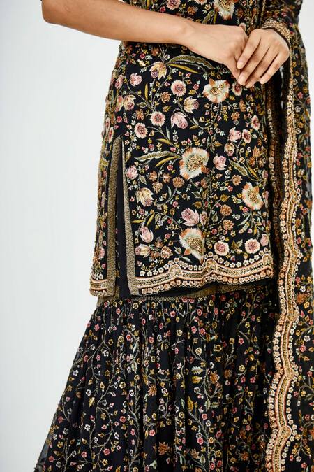 Shop_Nakul Sen_Black Floral Embroidered Kurta Sharara Set_Online_at_Aza_Fashions