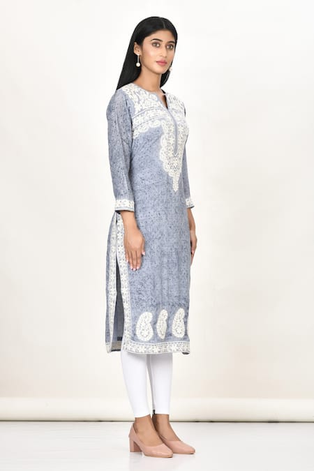 Khwaab By Sanjana Lakhani_Gray Cotton, Silk Mirrors, Ash Grey Printed Kashmiri Thread Work Kurta _Online_at_Aza_Fashions