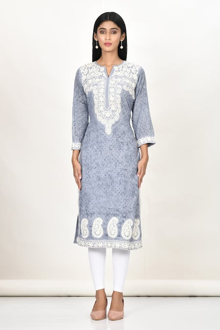 Buy_Khwaab By Sanjana Lakhani_Gray Cotton, Silk Mirrors, Ash Grey Printed Kashmiri Thread Work Kurta _Online_at_Aza_Fashions