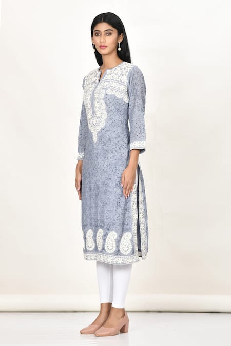 Shop_Khwaab By Sanjana Lakhani_Gray Cotton, Silk Mirrors, Ash Grey Printed Kashmiri Thread Work Kurta _Online_at_Aza_Fashions