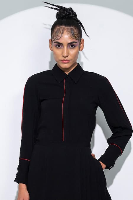 Pocketful Of Cherrie_Black Viscose Collared Full Sleeve Shirt_Online_at_Aza_Fashions