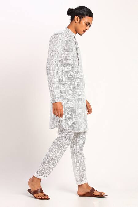 Son Of A Noble Snob_White Linen Printed Short Kurta And Pant Set_Online_at_Aza_Fashions