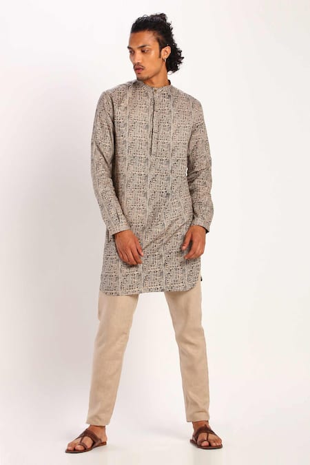 Buy_Son Of A Noble Snob_Beige Linen Printed Short Kurta_Online_at_Aza_Fashions