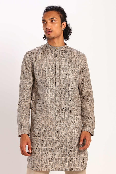Shop_Son Of A Noble Snob_Beige Linen Printed Short Kurta_Online_at_Aza_Fashions