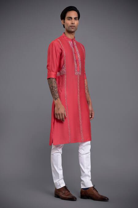 Raghavendra Rathore Jodhpur_Pink Silk Thread Embroidered Kurta _Online_at_Aza_Fashions