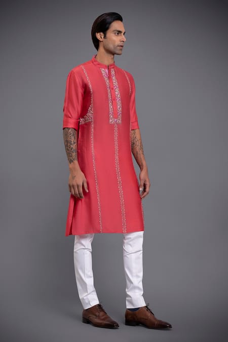 Buy_Raghavendra Rathore Jodhpur_Pink Silk Thread Embroidered Kurta _Online_at_Aza_Fashions